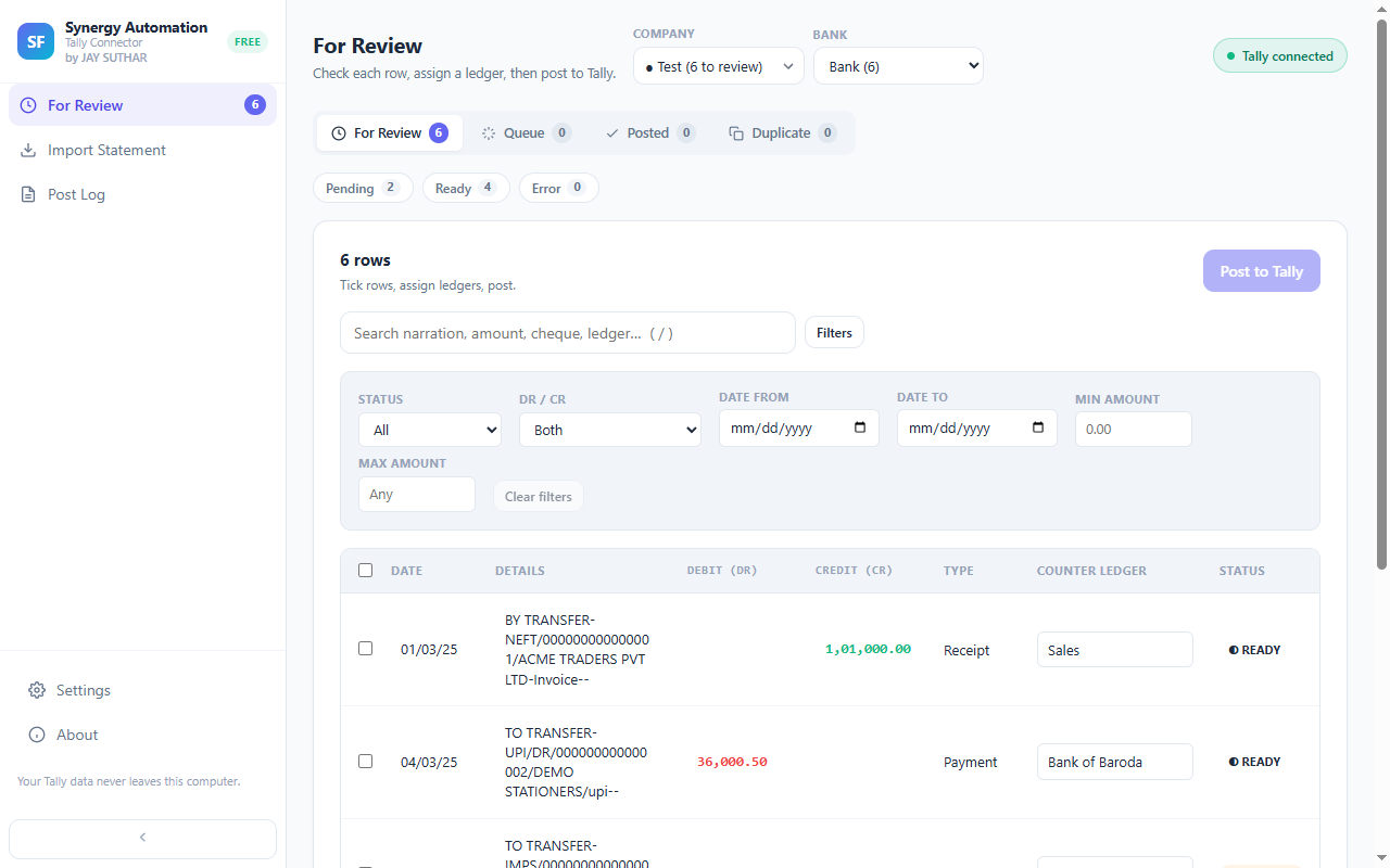 Filter bar with status, debit or credit, date range and amount range filters