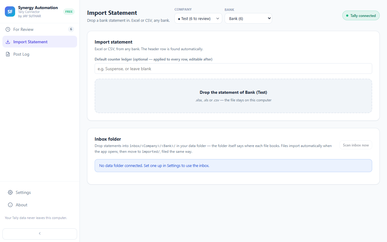Import Statement screen with a drop area for an Excel or CSV bank statement